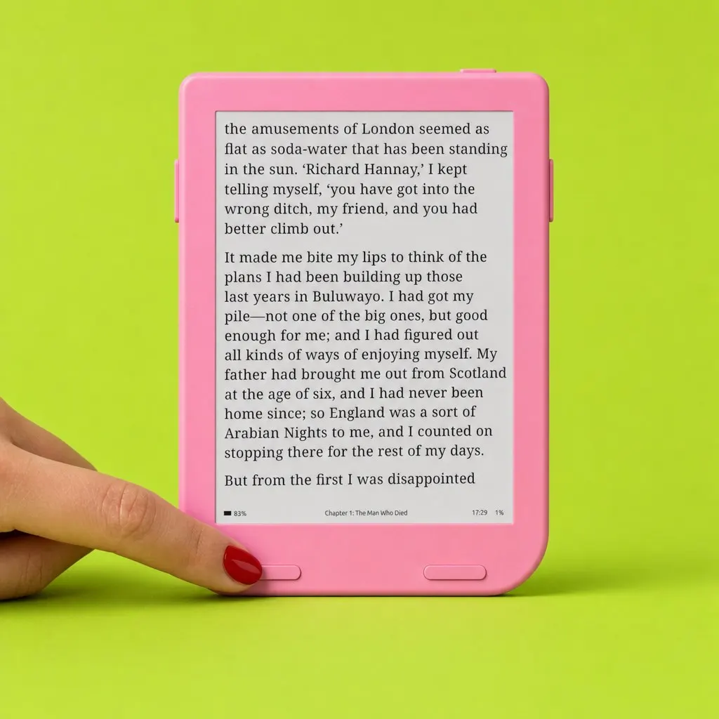 A finger on the page buttons of a pink Snug Mini