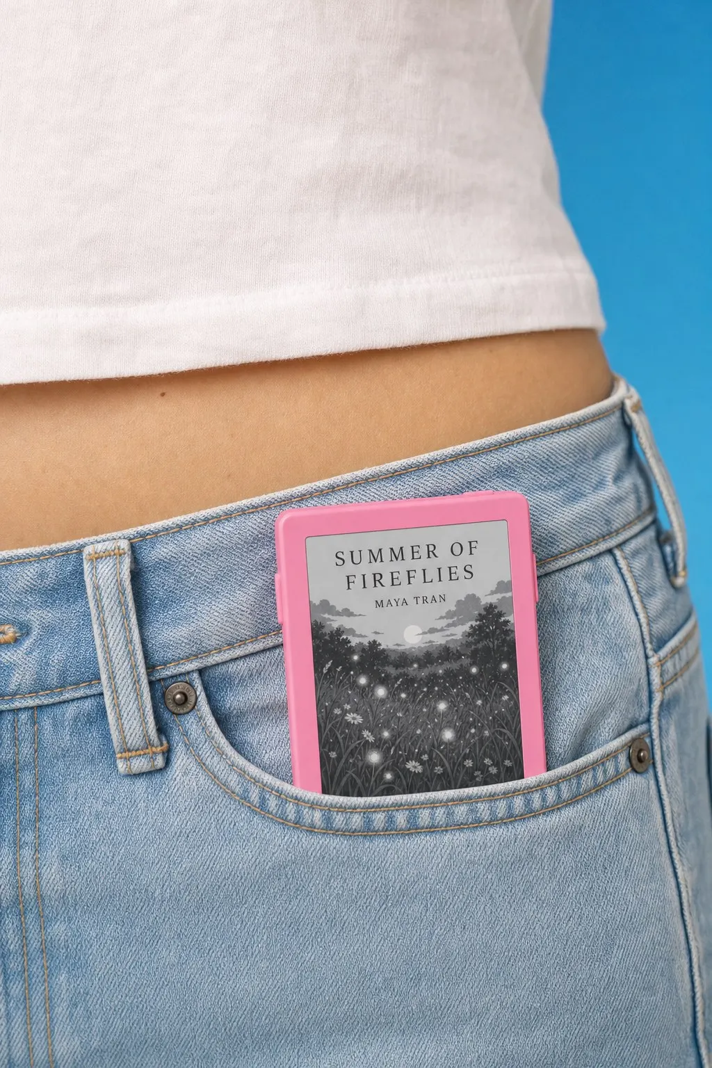 A pink Snug Mini peeking out of the front pocket of tight jeans