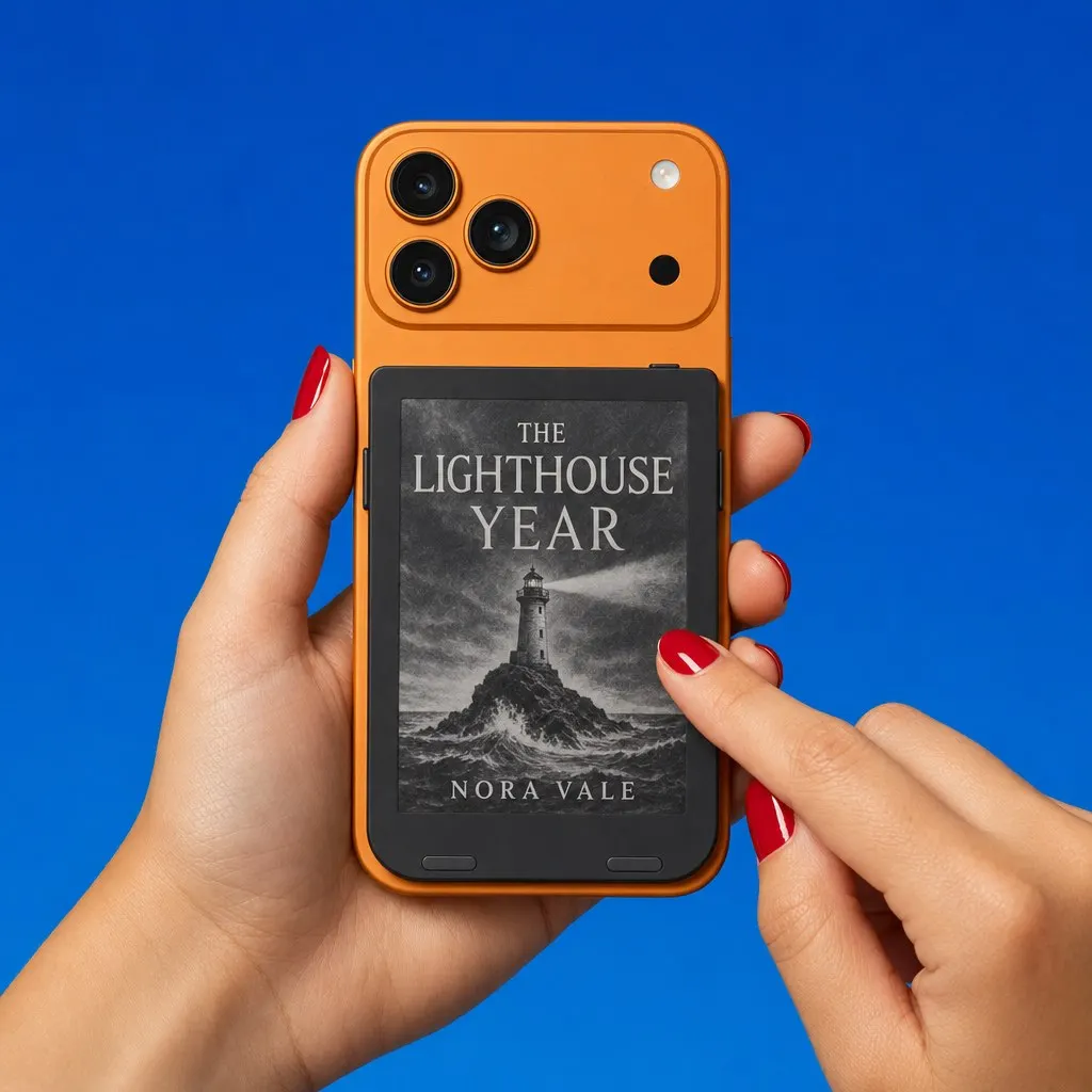 Pressing a black Snug Mini onto the back of an orange iPhone
