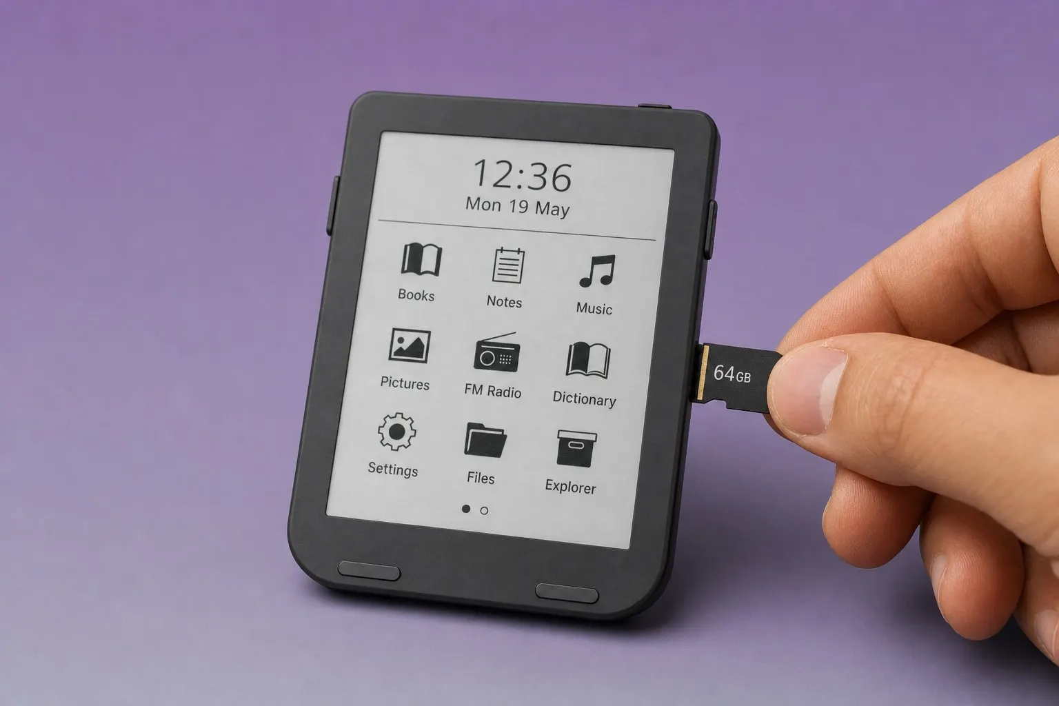 Sliding a microSD card into the side of a black Snug Mini showing a custom home screen